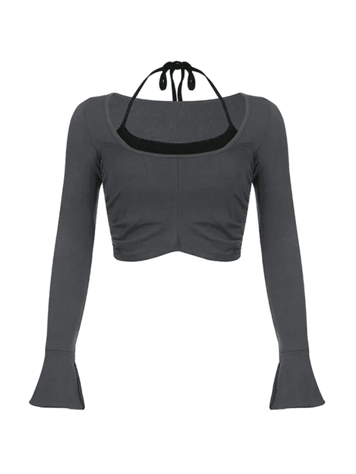 Contrast Color Halter Flare Long Sleeve Tee