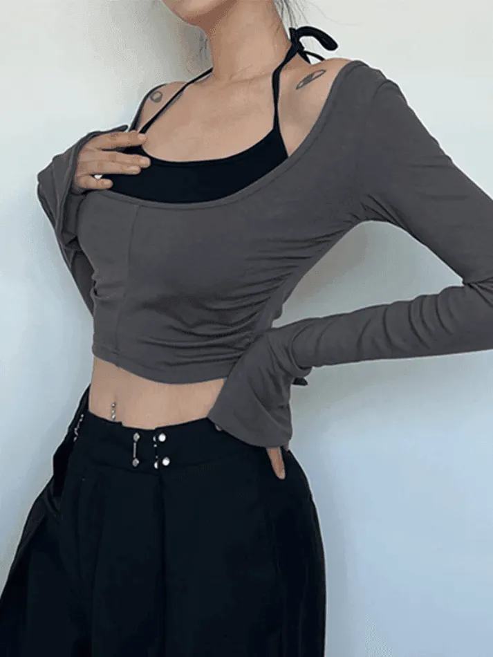 Contrast Color Halter Flare Long Sleeve Tee