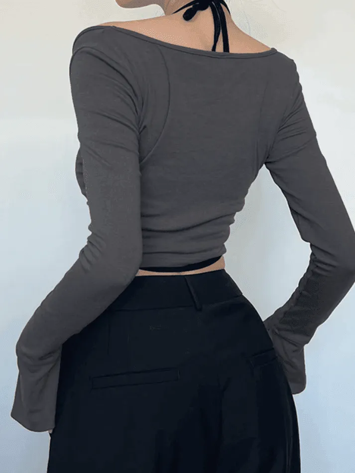 Contrast Color Halter Flare Long Sleeve Tee