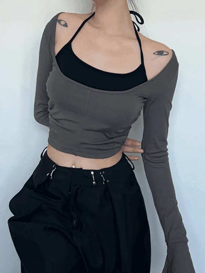 Contrast Color Halter Flare Long Sleeve Tee