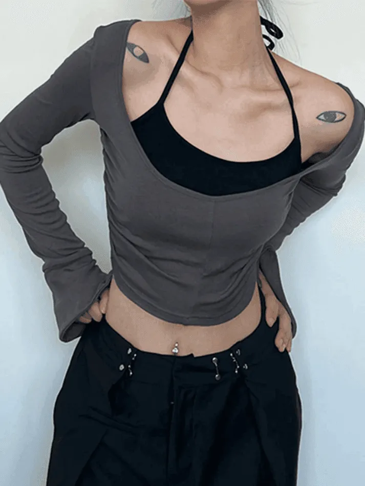 Contrast Color Halter Flare Long Sleeve Tee