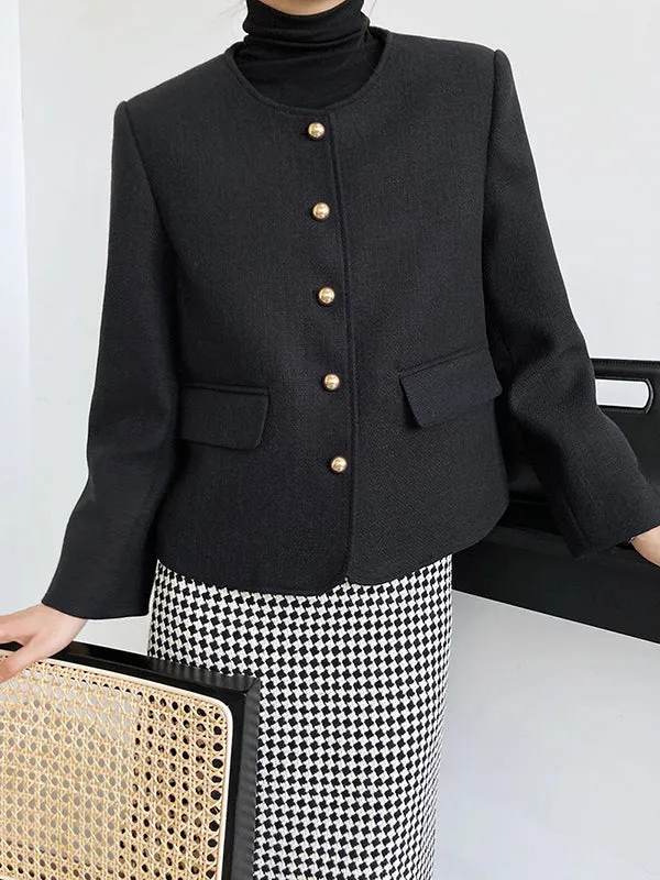Long Sleeves Loose Buttoned Solid Color Round-Neck Outerwear
