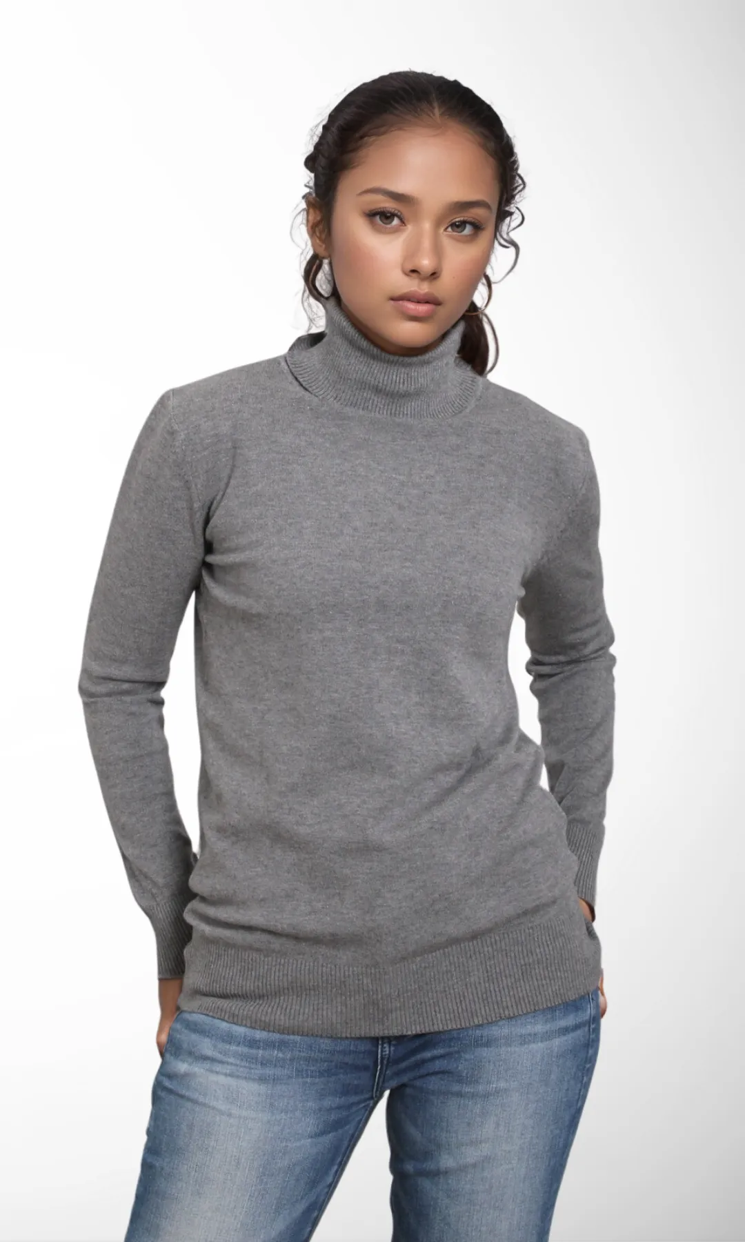 Women Turtleneck Knitwear Sweater (Grey)